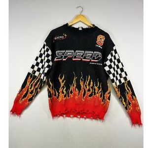 Nascarcore Racing Unbranded Mens Small Black Red Flame Distressed Knit Sweater